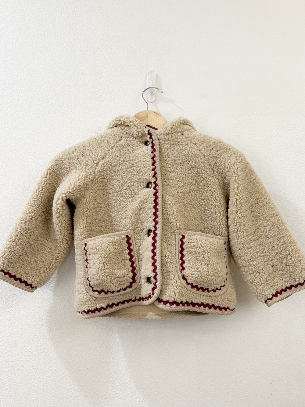 Zara Kids Faux Shearling Fleece Lined Hooded Jacket with Wavy Trim Tan Size 5Y